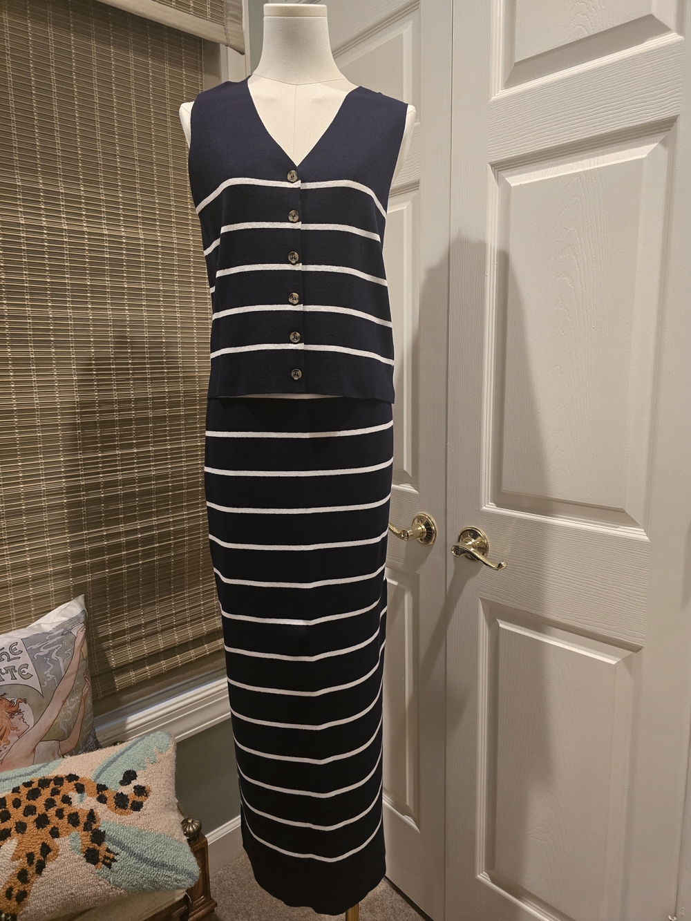 Sleeveless Navy and White Striped Maxi Skirt Set